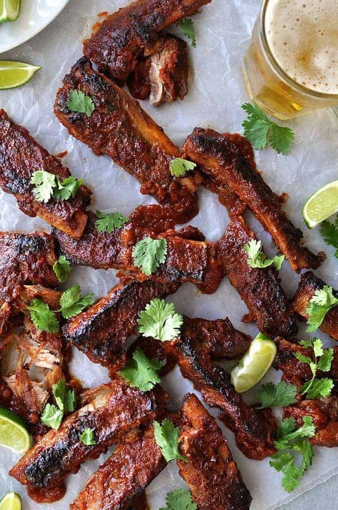 Overhead photo of Oven Baked Ribs with Chipotle Barbecue Sauce