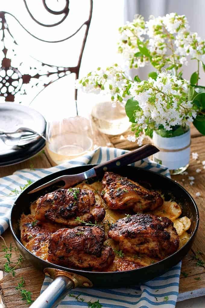 A pan of Rotisserie Flavoured Chicken and Potato Bake