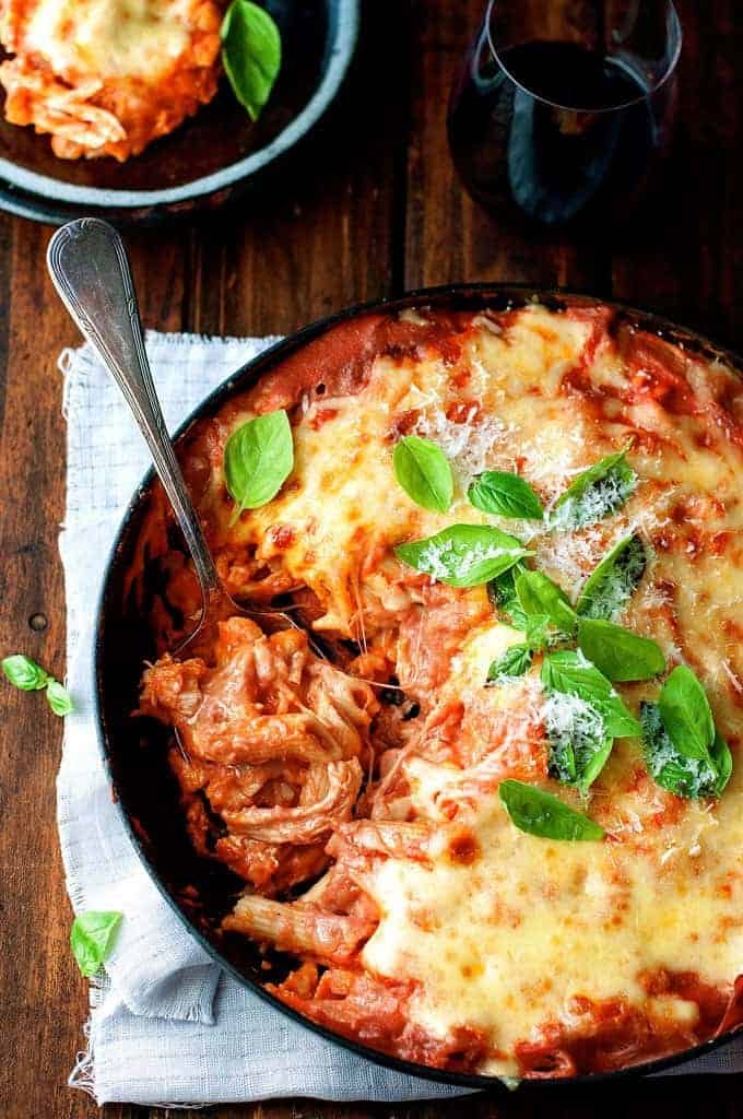 Overhead photo of Creamy Tomato Pasta Bake With Chicken