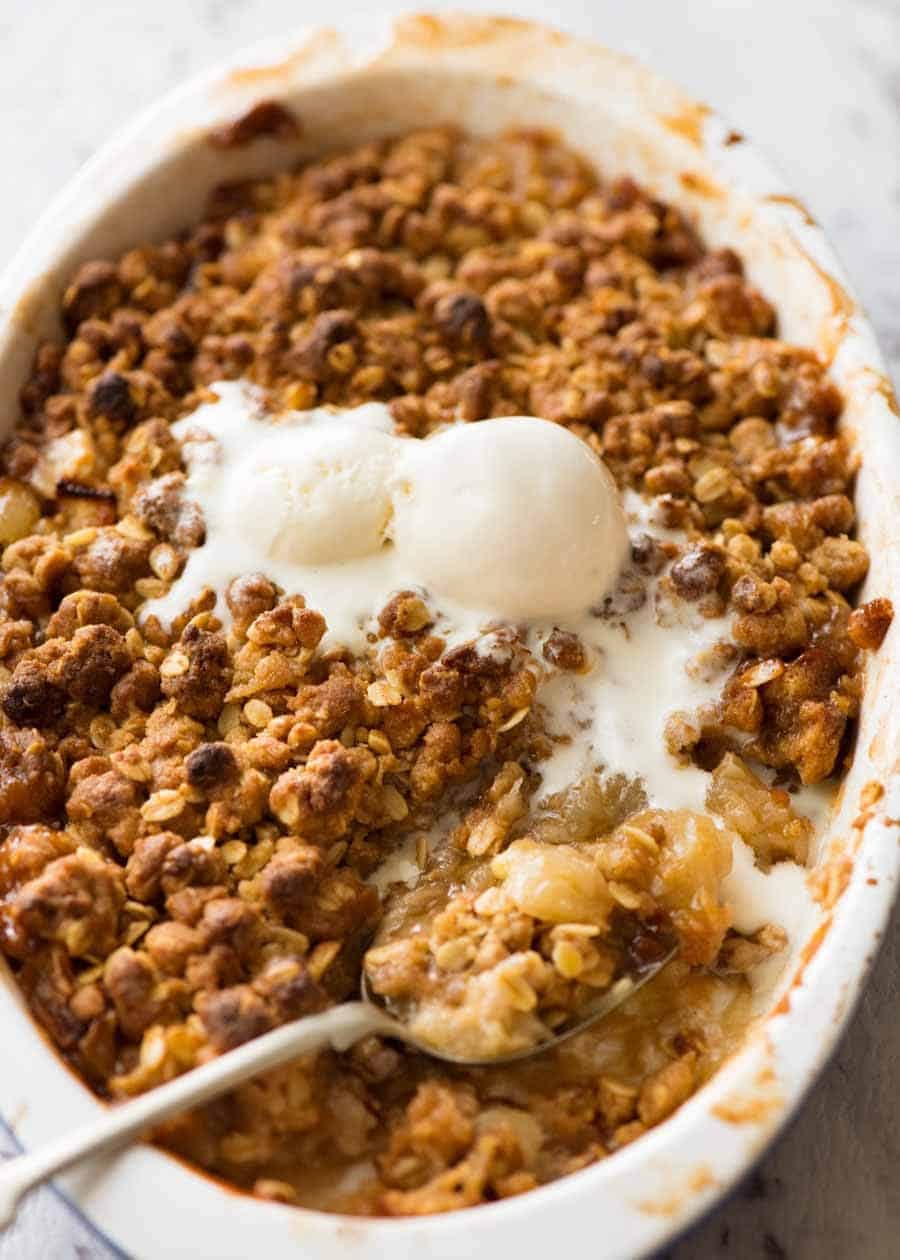 A dish of Apple Crumble, fresh out of the oven, ready to be served