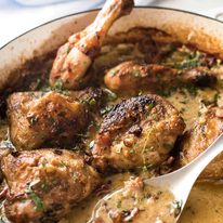 Chicken with Creamy White Wine Sauce and Bacon - So easy to prepare, then just let it braise in the oven until the chicken is tender. The sauce is incredible! staging.recipetineats.com