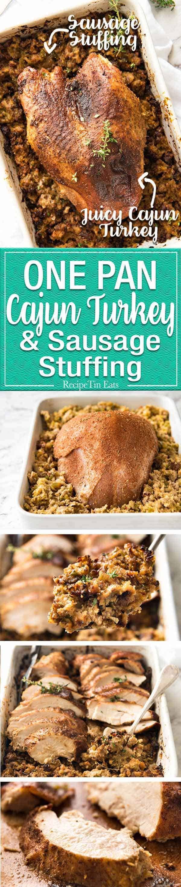 This Cajun dry brined turkey breast is baked in the same roasting pan as the Dressing / Stuffing so it's extra juicy and moist! A chef recipe, this Cajun Baked Turkey Breast with Dressing is easy and spectacular. EPIC ONE PAN COOKING for a Thanksgiving turkey! staging.recipetineats.com