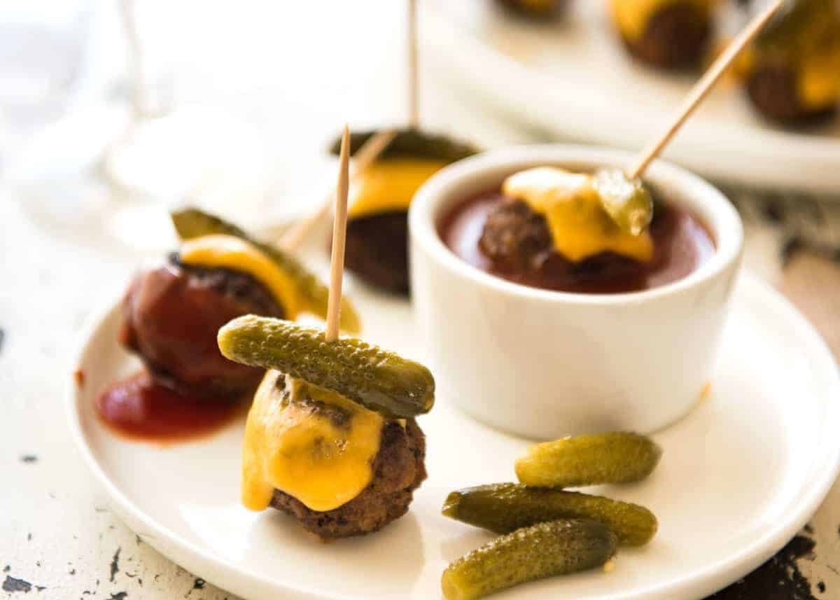 Cheeseburger Party Meatballs - tastes like a cheeseburger, in bite size form! Great for making ahead - fully assemble (inc toothpicks), 90 sec reheat in microwave. staging.recipetineats.com