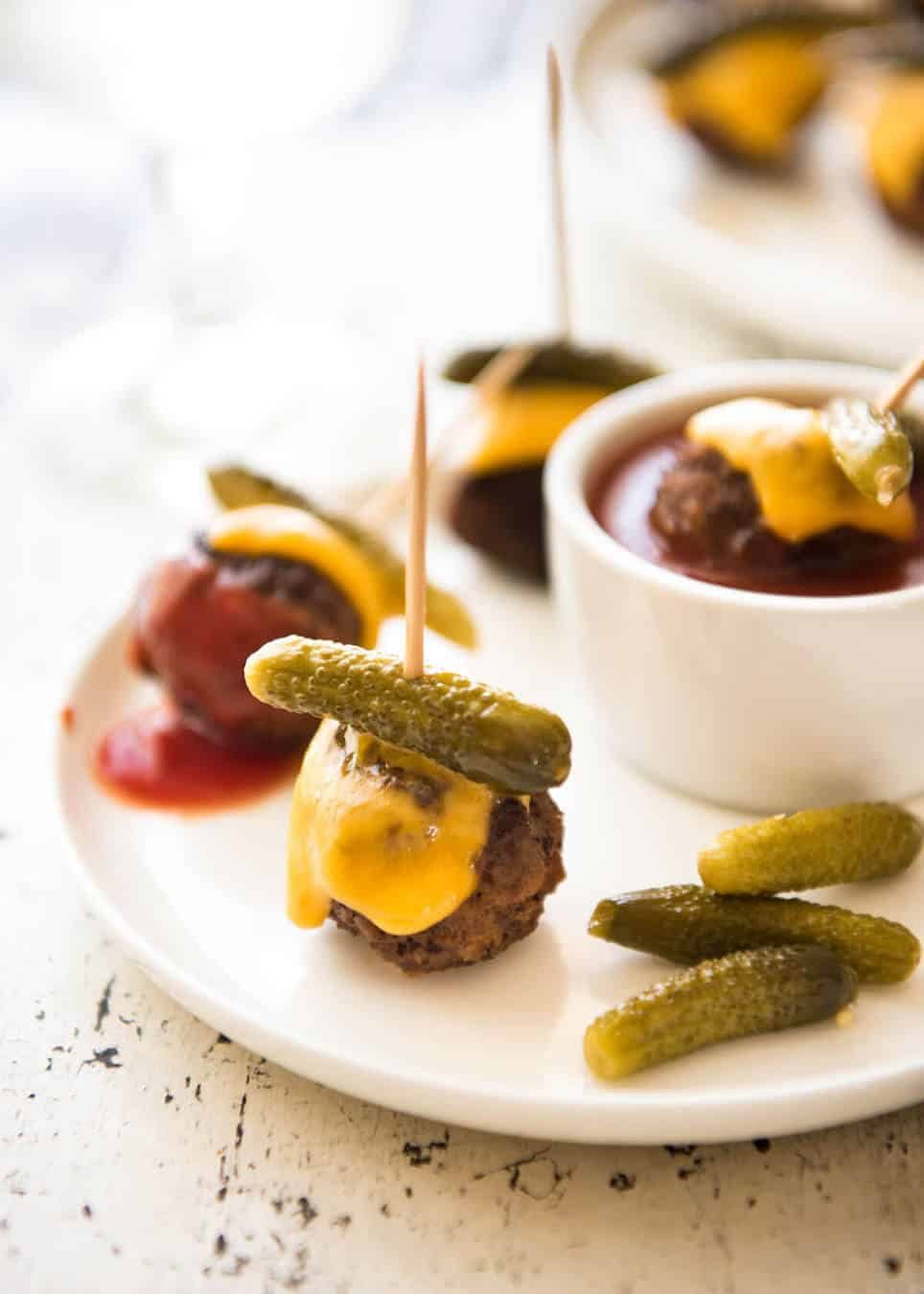 Cheeseburger Party Meatballs - tastes like a cheeseburger, in bite size form! Great for making ahead - fully assemble (inc toothpicks), 90 sec reheat in microwave. staging.recipetineats.com