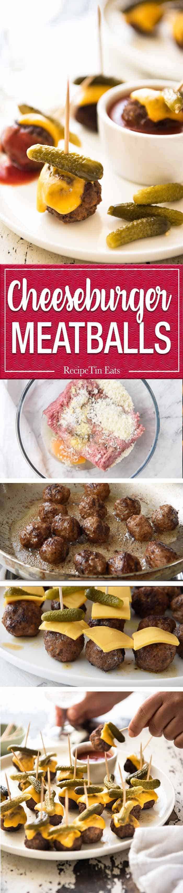 Cheeseburger Party Meatballs - tastes like a cheeseburger, in bite size form! Great for making ahead - fully assemble (inc toothpicks), 90 sec reheat in microwave. staging.recipetineats.com