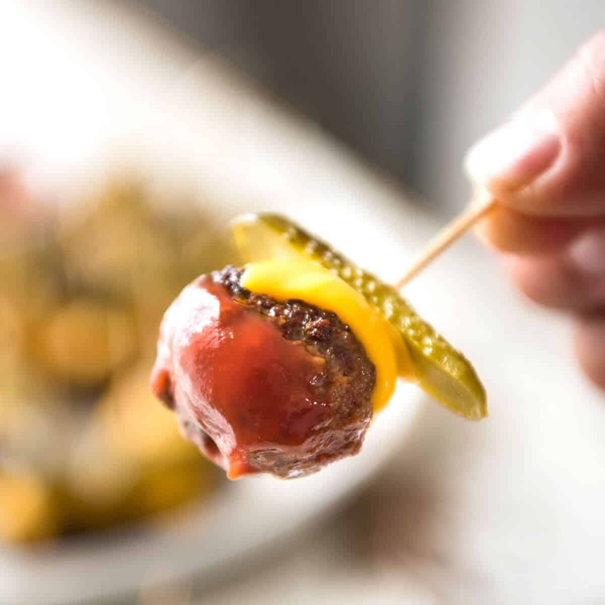 Cheeseburger Party Meatballs - tastes like a cheeseburger, in bite size form! Great for making ahead - fully assemble (inc toothpicks), 90 sec reheat in microwave. staging.recipetineats.com