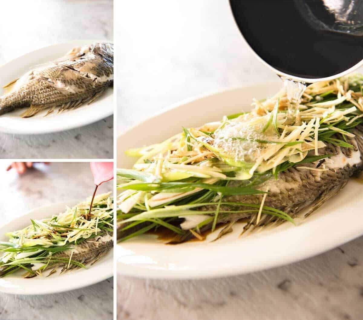 A Chinese Steamed Fish topped with Ginger and Shallots and seasonings, with hot oil poured over it to create a dramatic sizzle and an amazing sauce. So simple, yet so utterly delicious. Steam OR bake the fish! staging.recipetineats.com