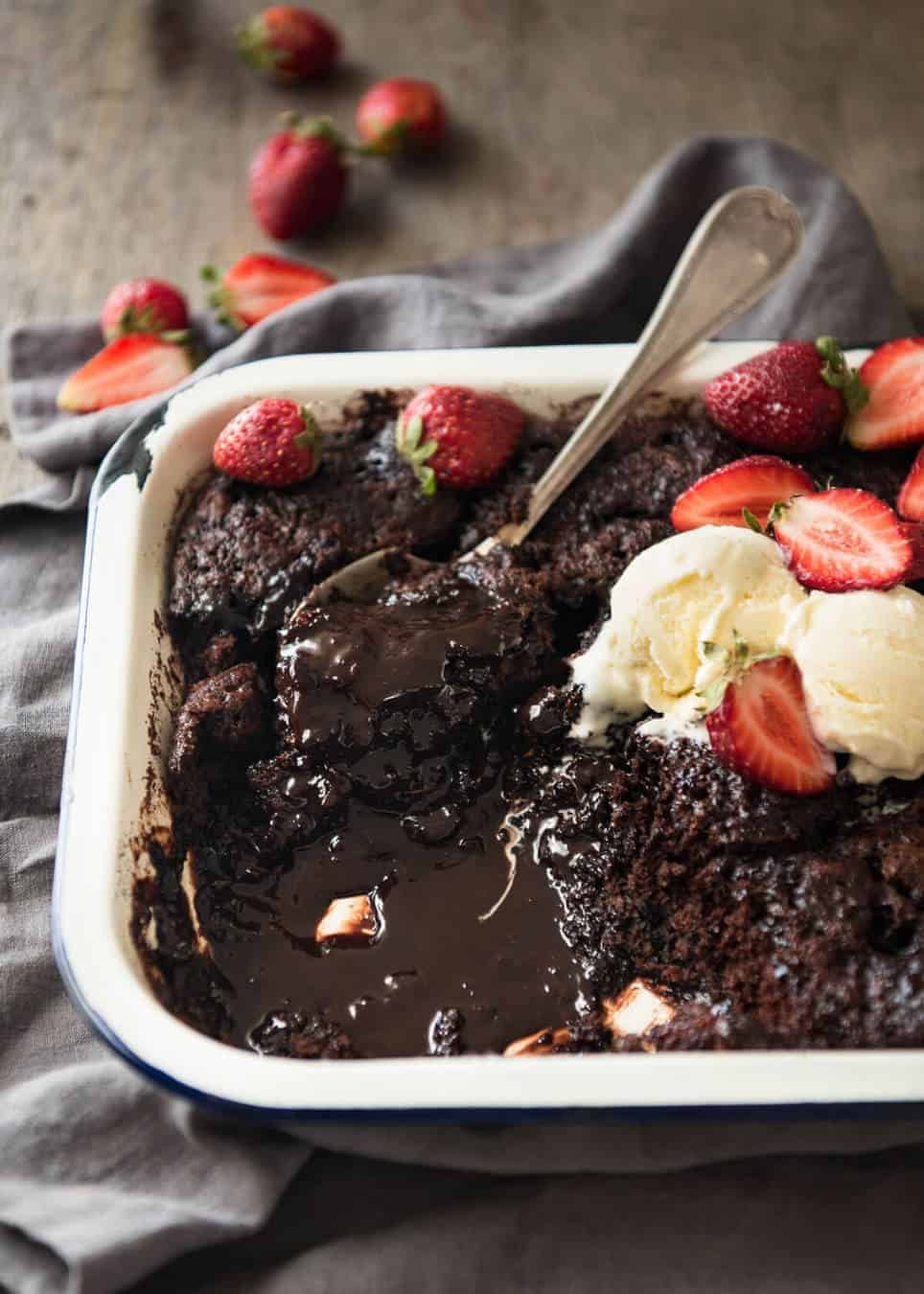 Chocolate Self Saucing Pudding - 1 batter transforms into a moist chocolate cake with a beautiful silky chocolate sauce! 10 minutes active effort. staging.recipetineats.com