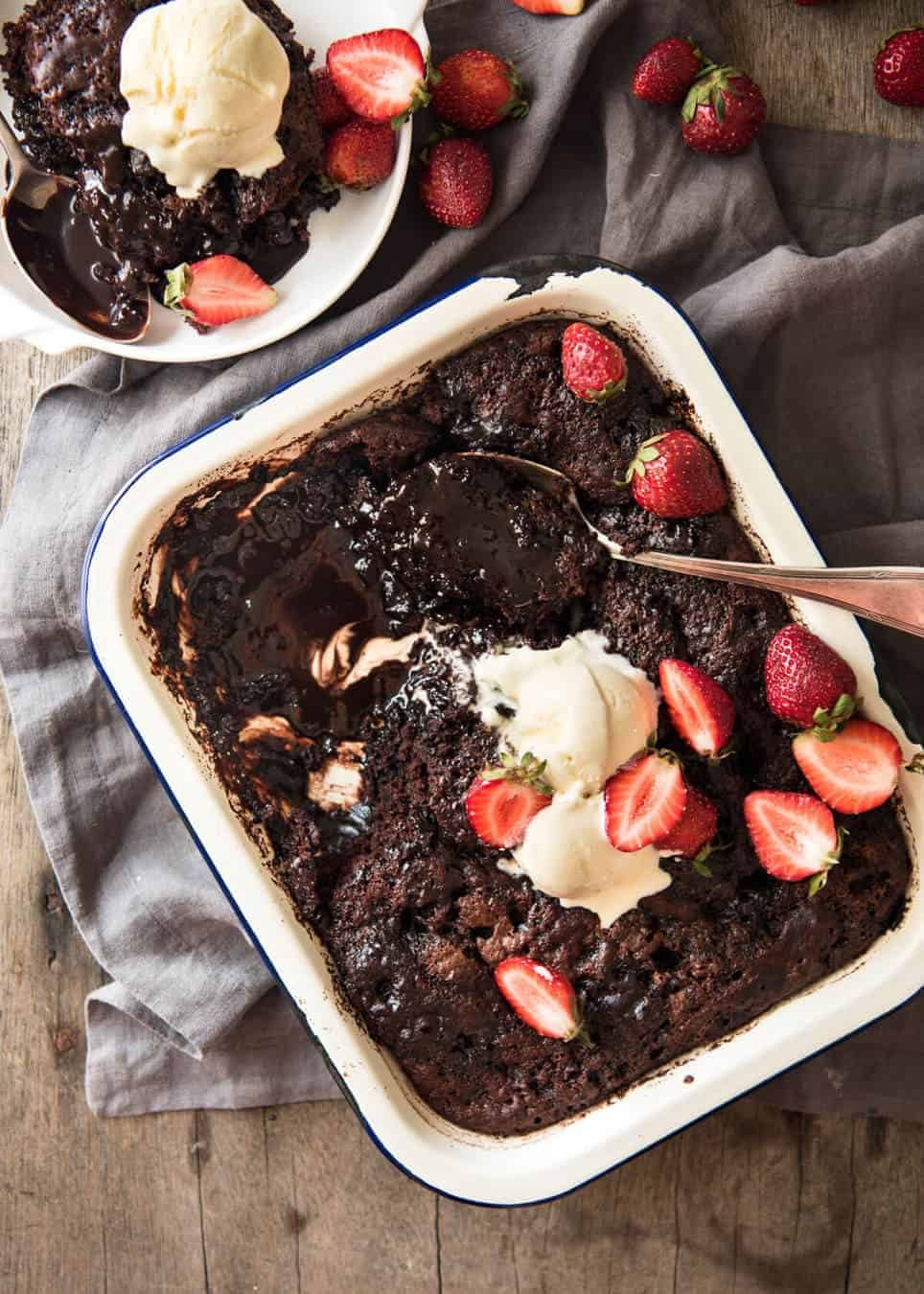 Chocolate Self Saucing Pudding - 1 batter transforms into a moist chocolate cake with a beautiful silky chocolate sauce! 10 minutes active effort. staging.recipetineats.com