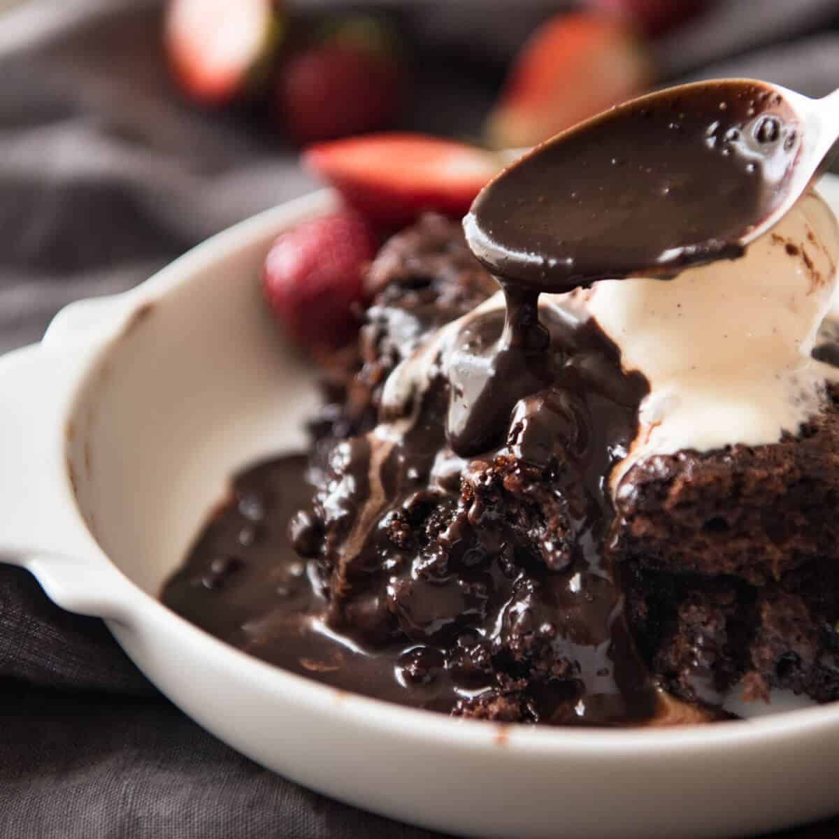 Chocolate Self Saucing Pudding - 1 batter transforms into a moist chocolate cake with a beautiful silky chocolate sauce! 10 minutes active effort. staging.recipetineats.com