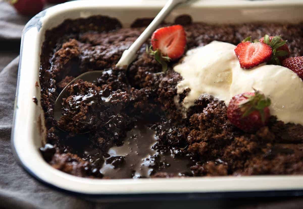 Chocolate Self Saucing Pudding - 1 batter transforms into a moist chocolate cake with a beautiful silky chocolate sauce! 10 minutes active effort. staging.recipetineats.com