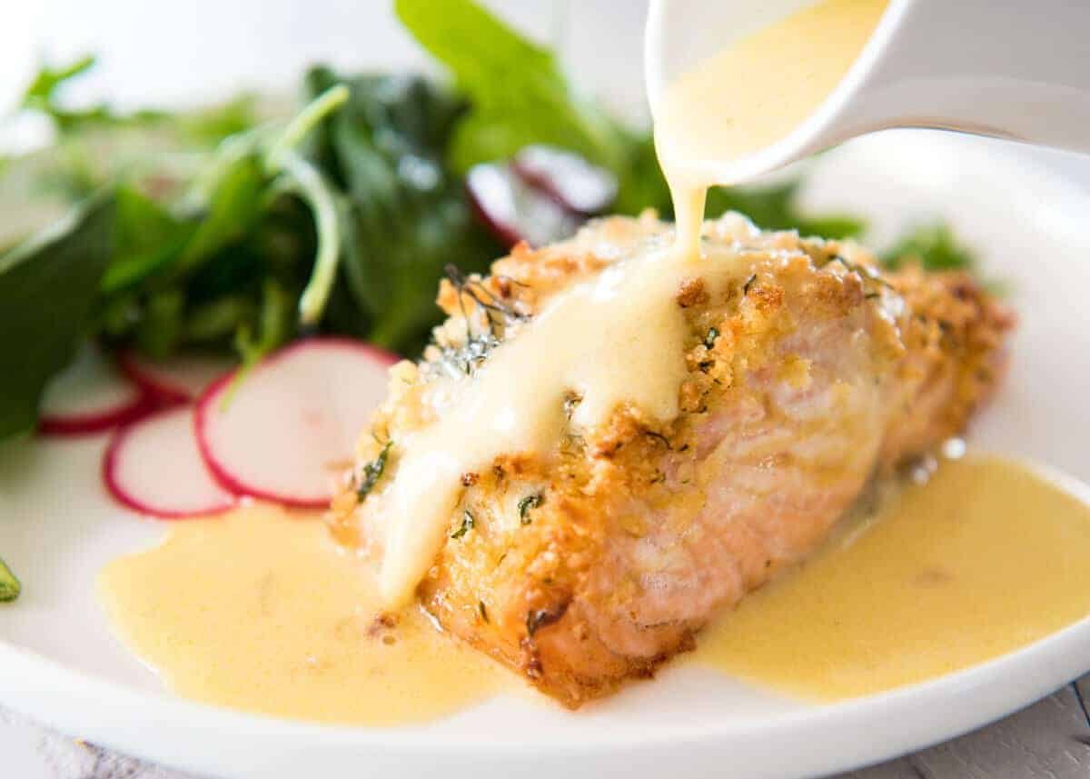 Baked Parmesan Crusted Salmon with Lemon Cream Sauce - easy and fast to make, can be prepared ahead, a stunning centrepiece for Christmas dinner and yet easy enough for midweek. That Lemon Cream sauce is the perfectly finishing tough. staging.recipetineats.com