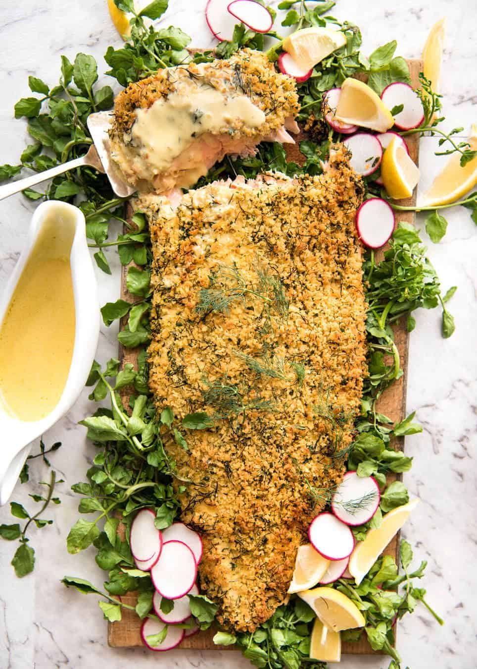 Baked Parmesan Crusted Salmon with Lemon Cream Sauce - easy and fast to make, can be prepared ahead, a stunning centrepiece for Christmas dinner and yet easy enough for midweek. That Lemon Cream sauce is the perfectly finishing tough. staging.recipetineats.com