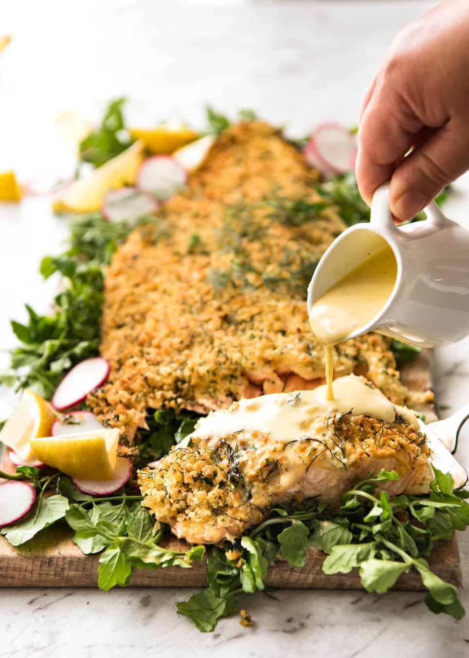 Baked Parmesan Crusted Salmon with Lemon Cream Sauce - easy and fast to make, can be prepared ahead, a stunning centrepiece for Christmas dinner and yet easy enough for midweek. That Lemon Cream sauce is the perfectly finishing tough. staging.recipetineats.com