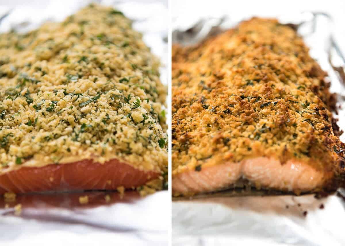 Baked Parmesan Crusted Salmon with Lemon Cream Sauce - easy and fast to make, can be prepared ahead, a stunning centrepiece for Christmas dinner and yet easy enough for midweek. That Lemon Cream sauce is the perfectly finishing tough. staging.recipetineats.com
