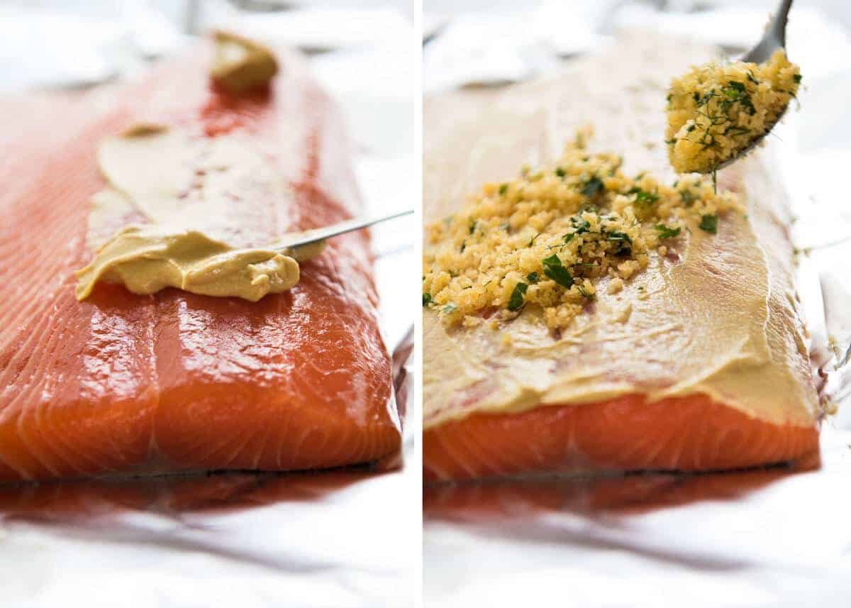 Baked Parmesan Crusted Salmon with Lemon Cream Sauce - easy and fast to make, can be prepared ahead, a stunning centrepiece for Christmas dinner and yet easy enough for midweek. That Lemon Cream sauce is the perfectly finishing tough. staging.recipetineats.com