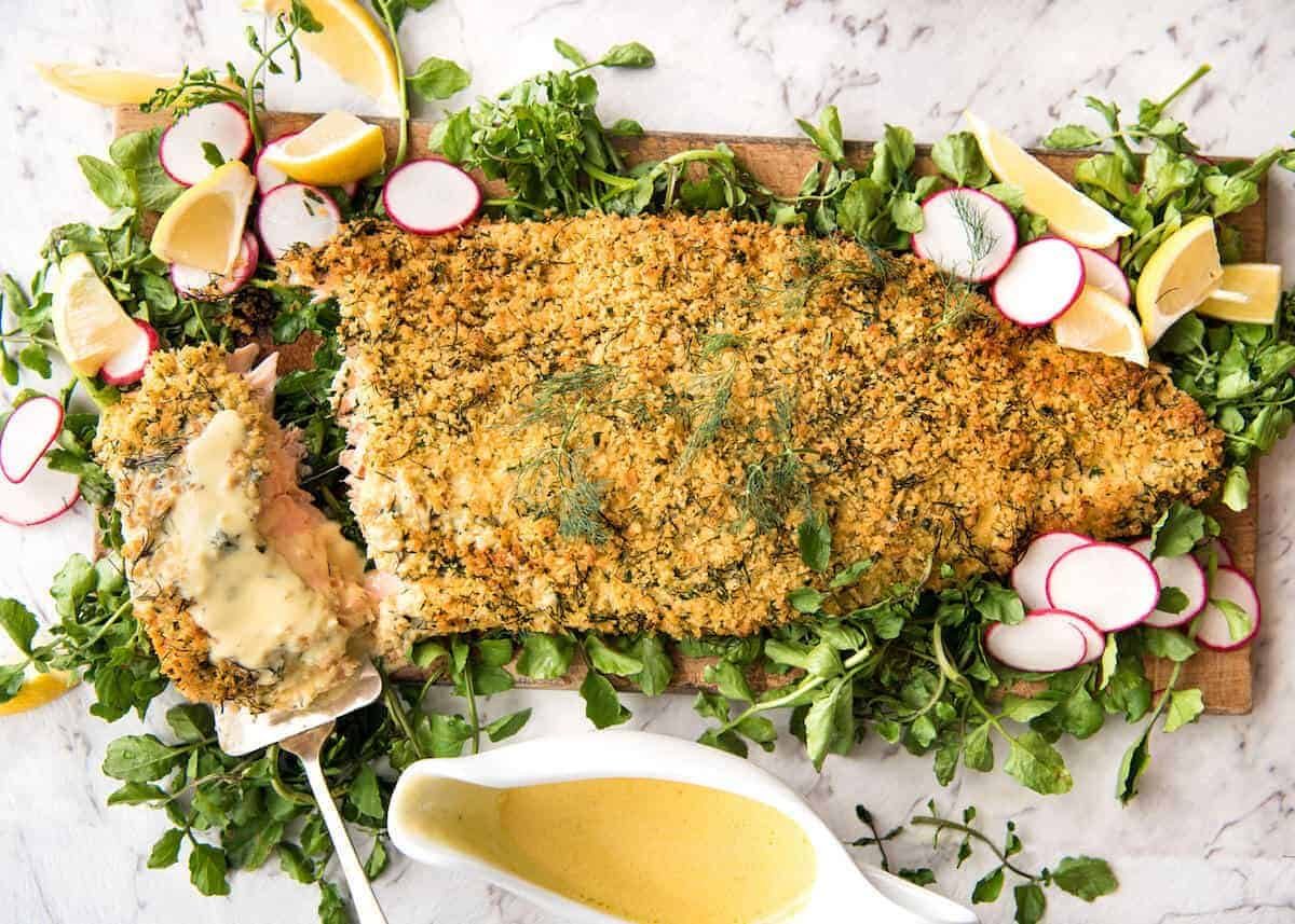 Baked Parmesan Crusted Salmon with Lemon Cream Sauce - easy and fast to make, can be prepared ahead, a stunning centrepiece for Christmas dinner and yet easy enough for midweek. That Lemon Cream sauce is the perfectly finishing tough. staging.recipetineats.com