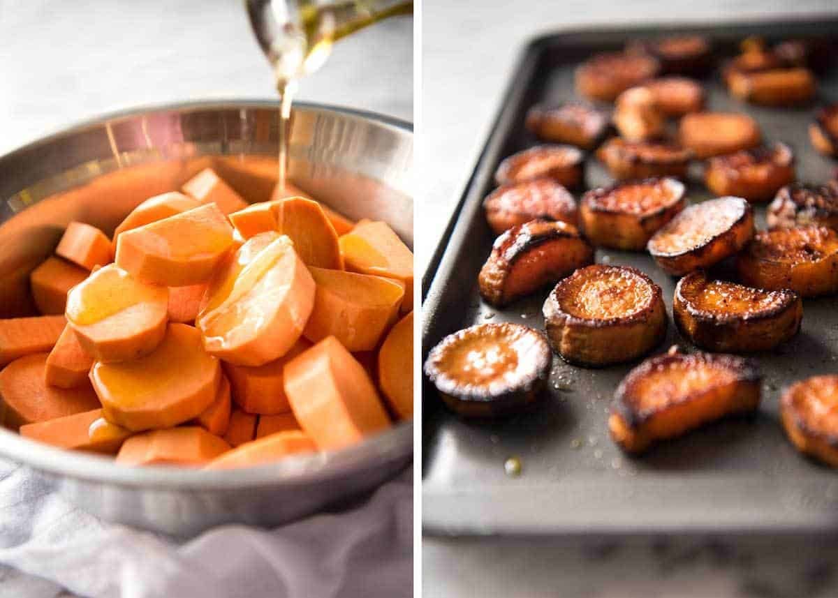 Roasted Sweet Potato Salad - with arugula/rocket, pecans, goats cheese or feta, a sprinkle of bacon and a beautiful Honey Lemon dressing. staging.recipetineats.com