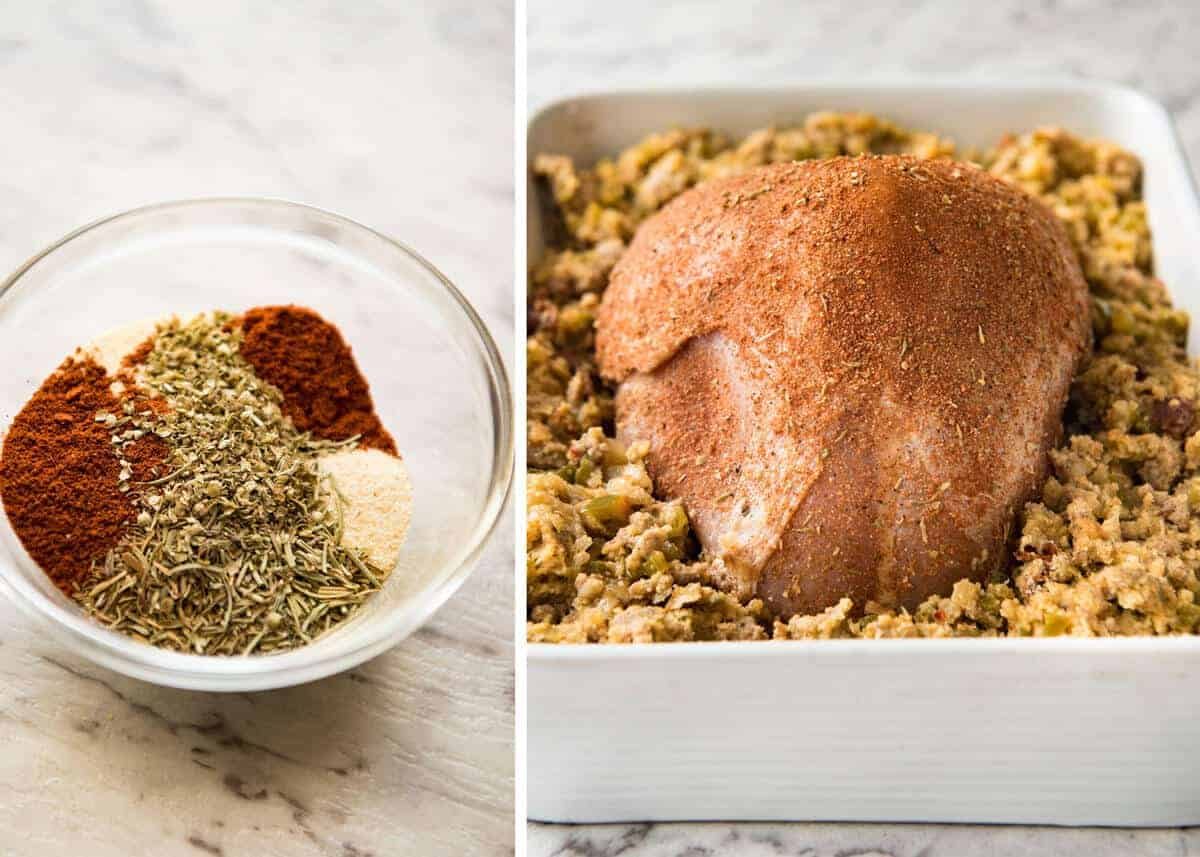 This Cajun dry brined turkey breast is baked in the same roasting pan as the Dressing / Stuffing so it's extra juicy and moist! A chef recipe, this Cajun Baked Turkey Breast with Dressing is easy and spectacular. EPIC ONE PAN COOKING for a Thanksgiving turkey! staging.recipetineats.com