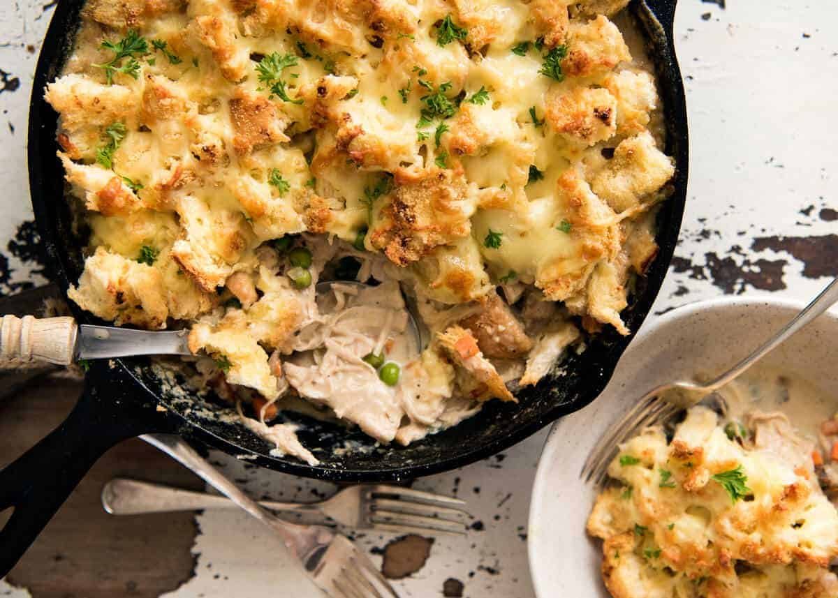 Leftover Turkey Pot Pie: Made with leftover turkey and topped with leftover bread transformed into a cheesy garlic bread topping! staging.recipetineats.com