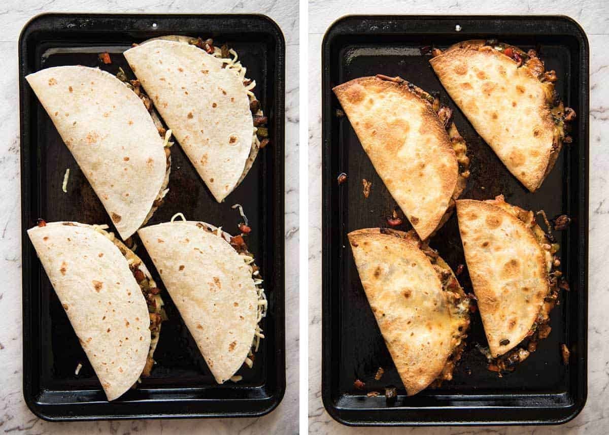 Crispy Oven Baked Chicken Quesadillas - This is how to make multiple Quesadillas at the same time! Crispy on the outside, stuffed with Mexican seasoned chicken and capsicum / bell peppers (and cheese of course!) staging.recipetineats.com