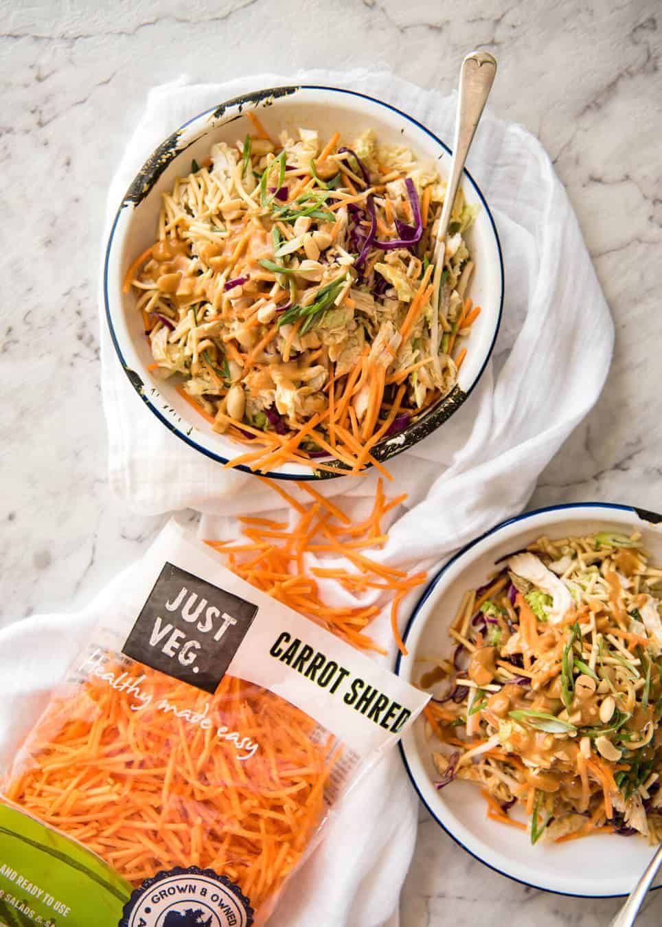 Chinese Chicken Salad with Asian Peanut Salad Dressing - made with cabbage, shredded chicken, crunchy noodles, carrot and a killer peanut dressing! staging.recipetineats.com