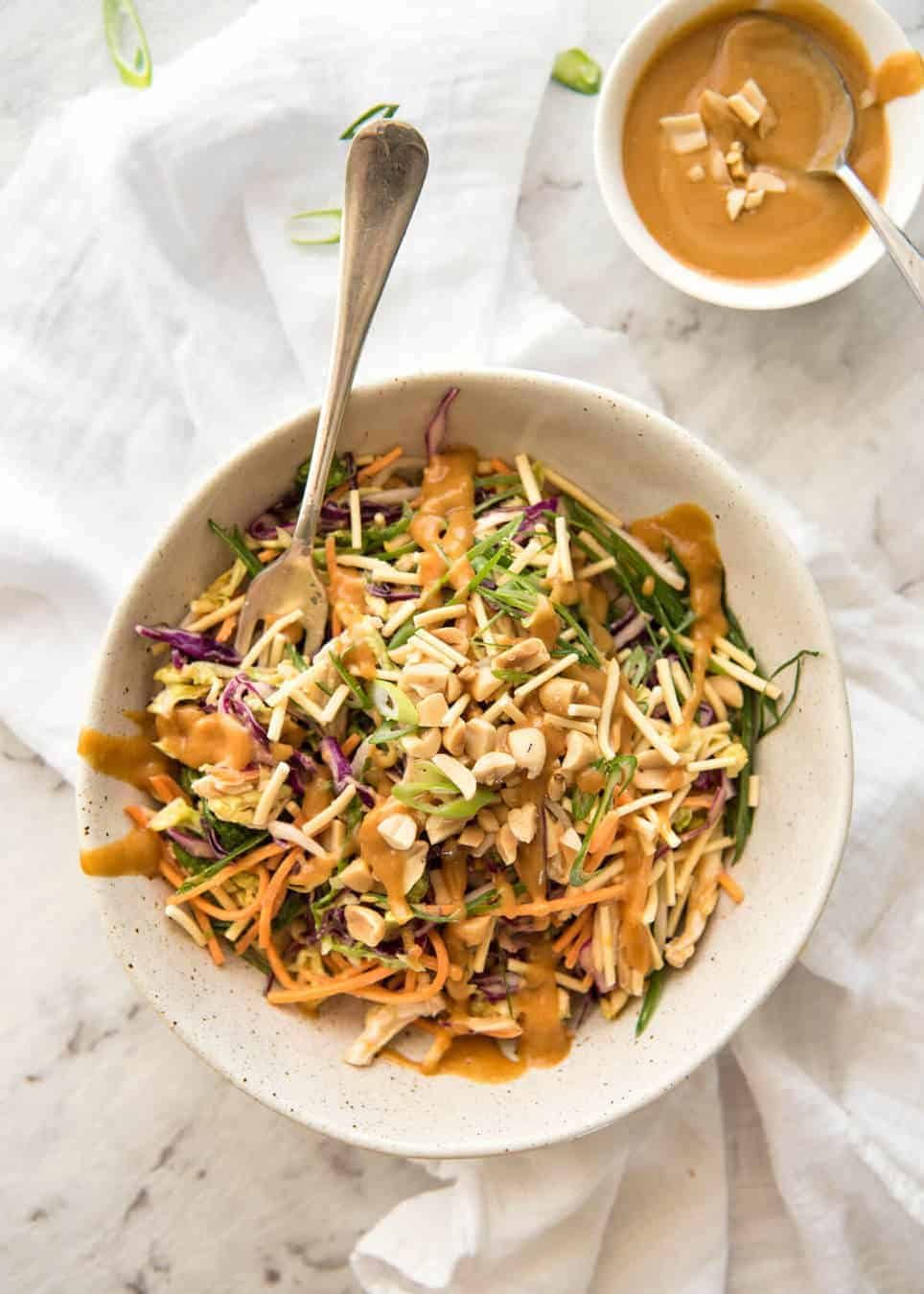 Chinese Chicken Salad with Asian Peanut Salad Dressing - made with cabbage, shredded chicken, crunchy noodles, carrot and a killer peanut dressing! staging.recipetineats.com
