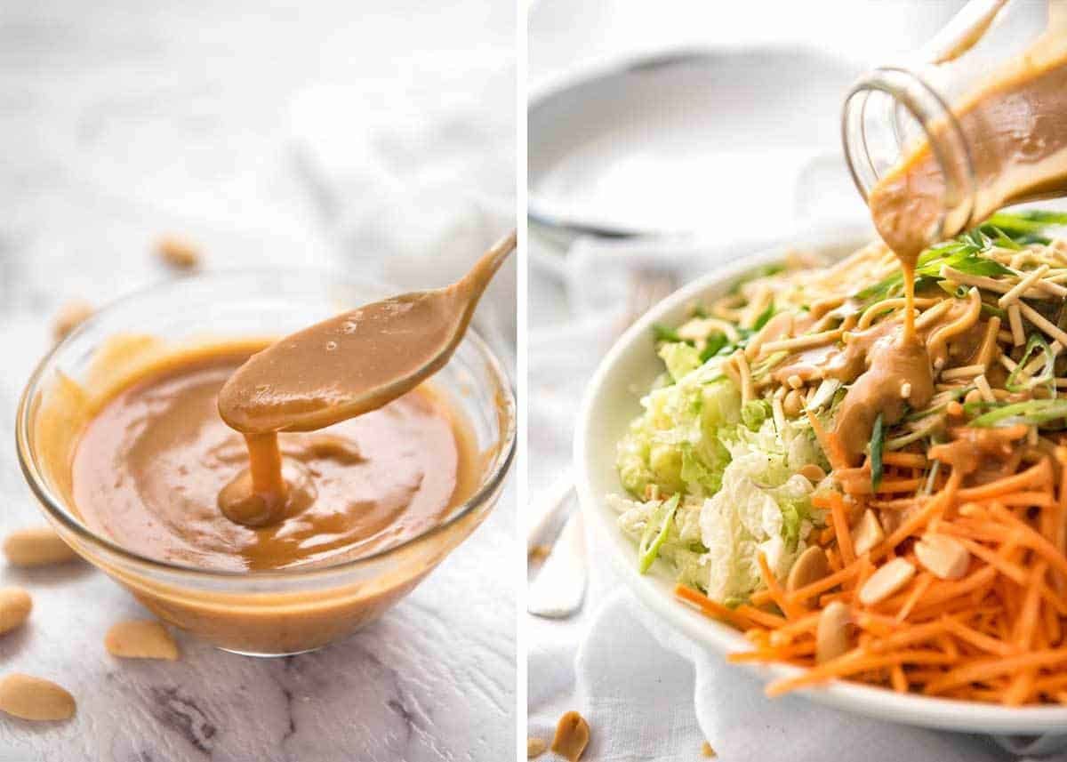 Chinese Chicken Salad with Asian Peanut Salad Dressing - made with cabbage, shredded chicken, crunchy noodles, carrot and a killer peanut dressing! staging.recipetineats.com