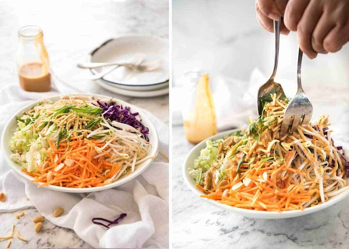 Chinese Chicken Salad with Asian Peanut Salad Dressing - made with cabbage, shredded chicken, crunchy noodles, carrot and a killer peanut dressing! staging.recipetineats.com