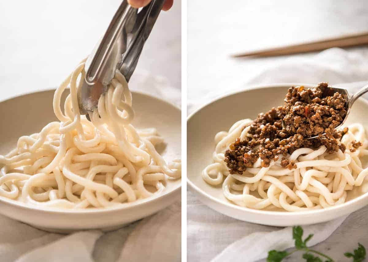 Chinese Pork Mince with Noodles (Zha Jiang Mian) - Super quick and super tasty, affectionally known as "Chinese Bolognese". The pork is savoury with a touch of heat and spice, perfect mixed through noodles! staging.recipetineats.com