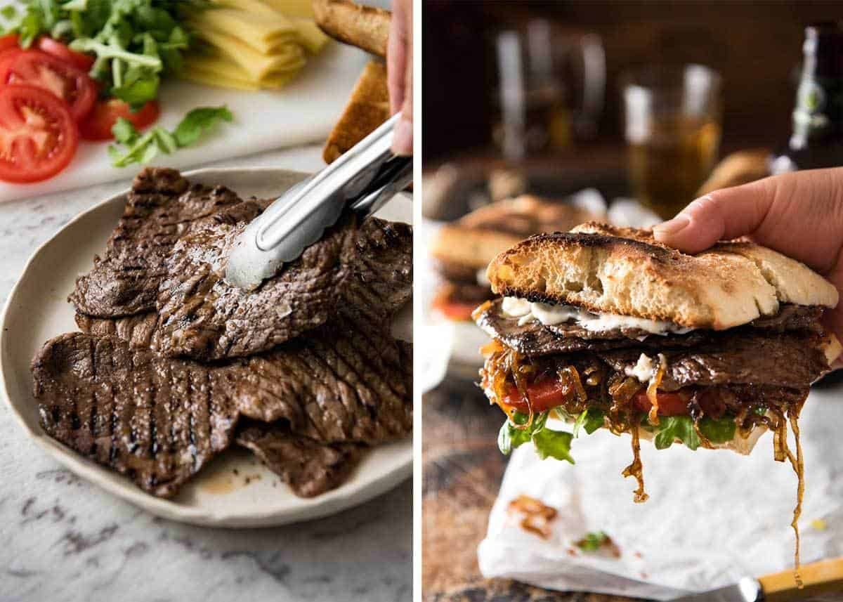 A juicy Steak Sandwich loaded with tender slices of steak, caramelised onion, garlic aioli, lettuce, tomato and mustard. staging.recipetineats.com