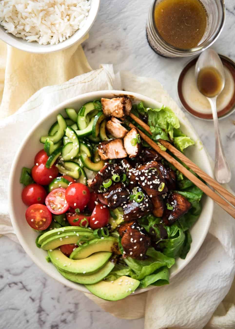 Asian Salmon Salad - Salmon dripping in a gorgeous Asian glaze on a fresh, vibrant salad drizzled with sesame dressing. Quick to make, packed with serious flavour! staging.recipetineats.com