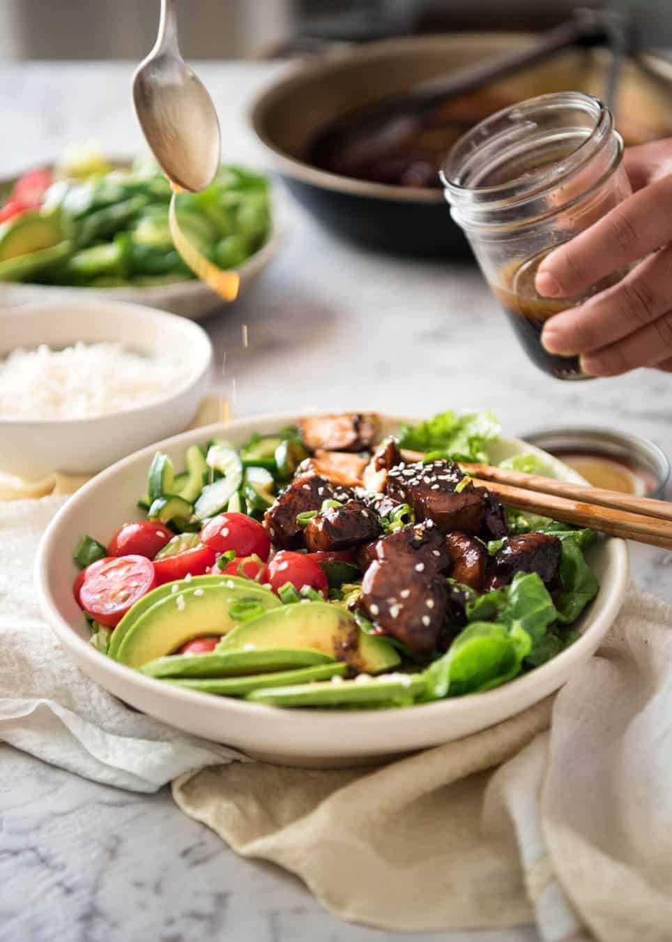 Asian Salmon Salad - Salmon dripping in a gorgeous Asian glaze on a fresh, vibrant salad drizzled with sesame dressing. Quick to make, packed with serious flavour! staging.recipetineats.com