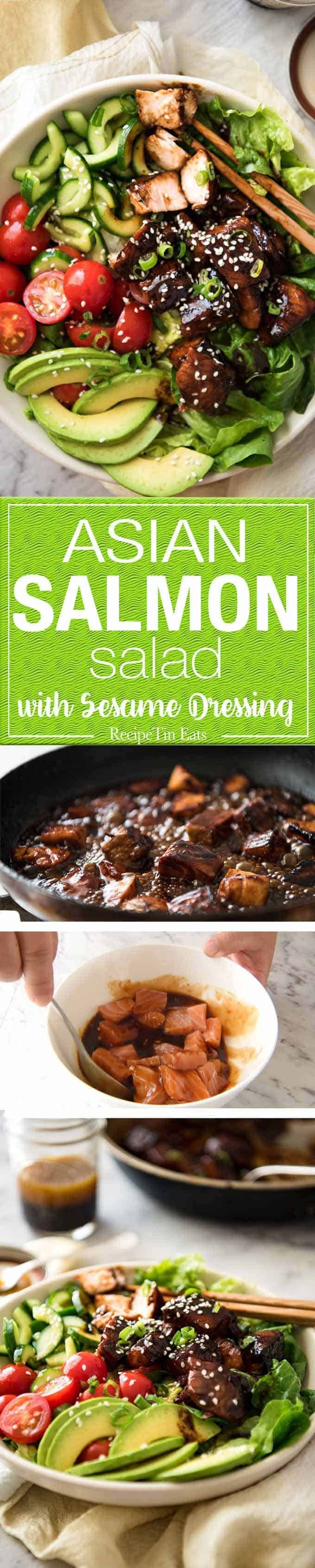 Asian Salmon Salad - Salmon dripping in a gorgeous Asian glaze on a fresh, vibrant salad drizzled with sesame dressing. Quick to make, packed with serious flavour! staging.recipetineats.com