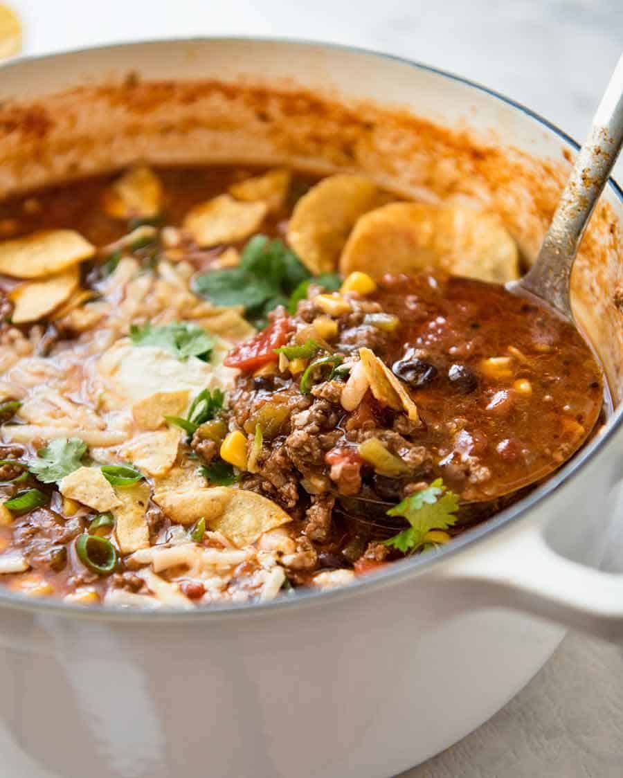Big pot of Taco Soup fresh off the stove