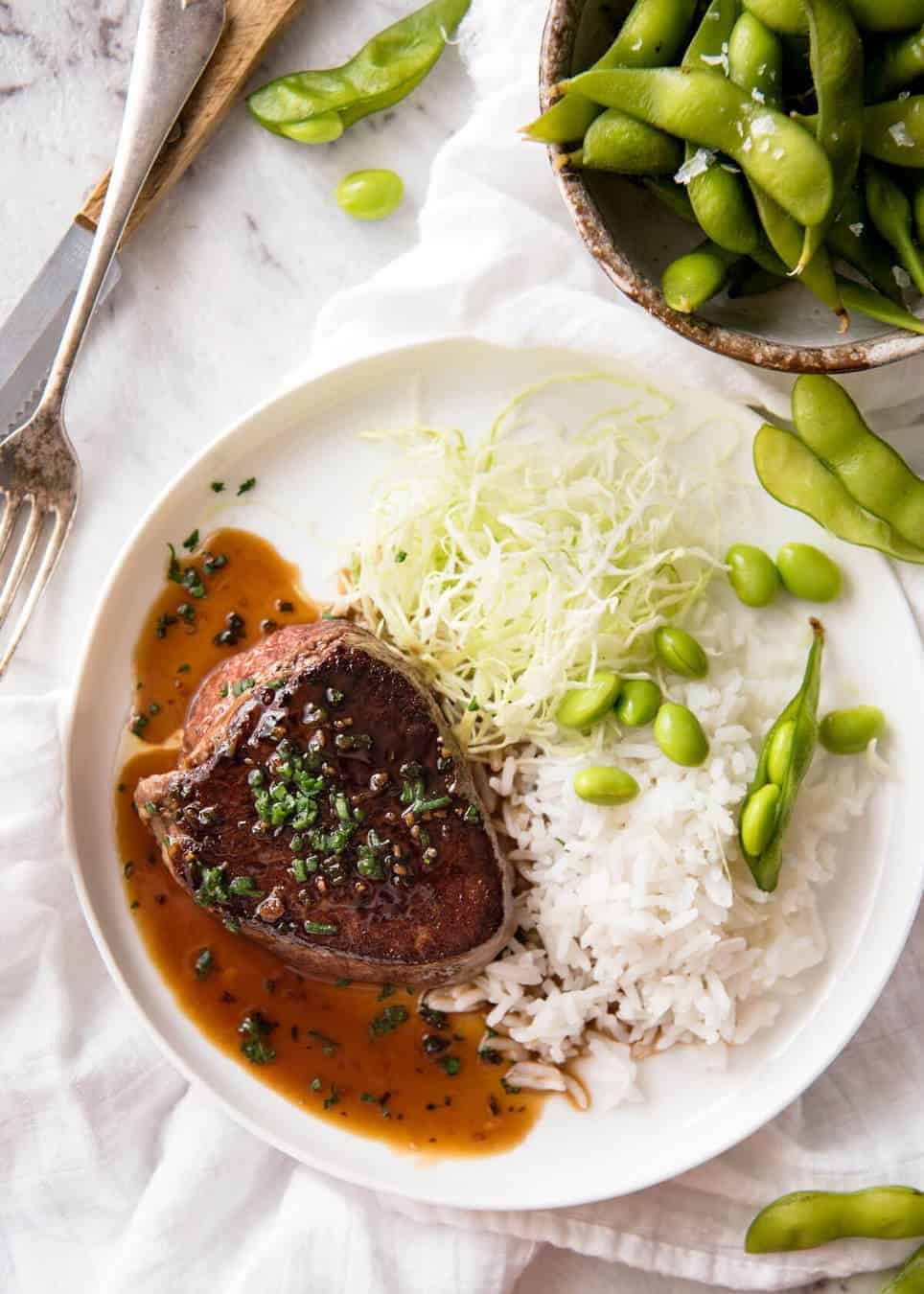 Simple yet stunning Asian Steak with a sauce inspired by the great Tetsuya! All you need is 15 minutes, soy sauce, mirin, sake or sherry, butter, garlic and ginger. Amazing! staging.recipetineats.com