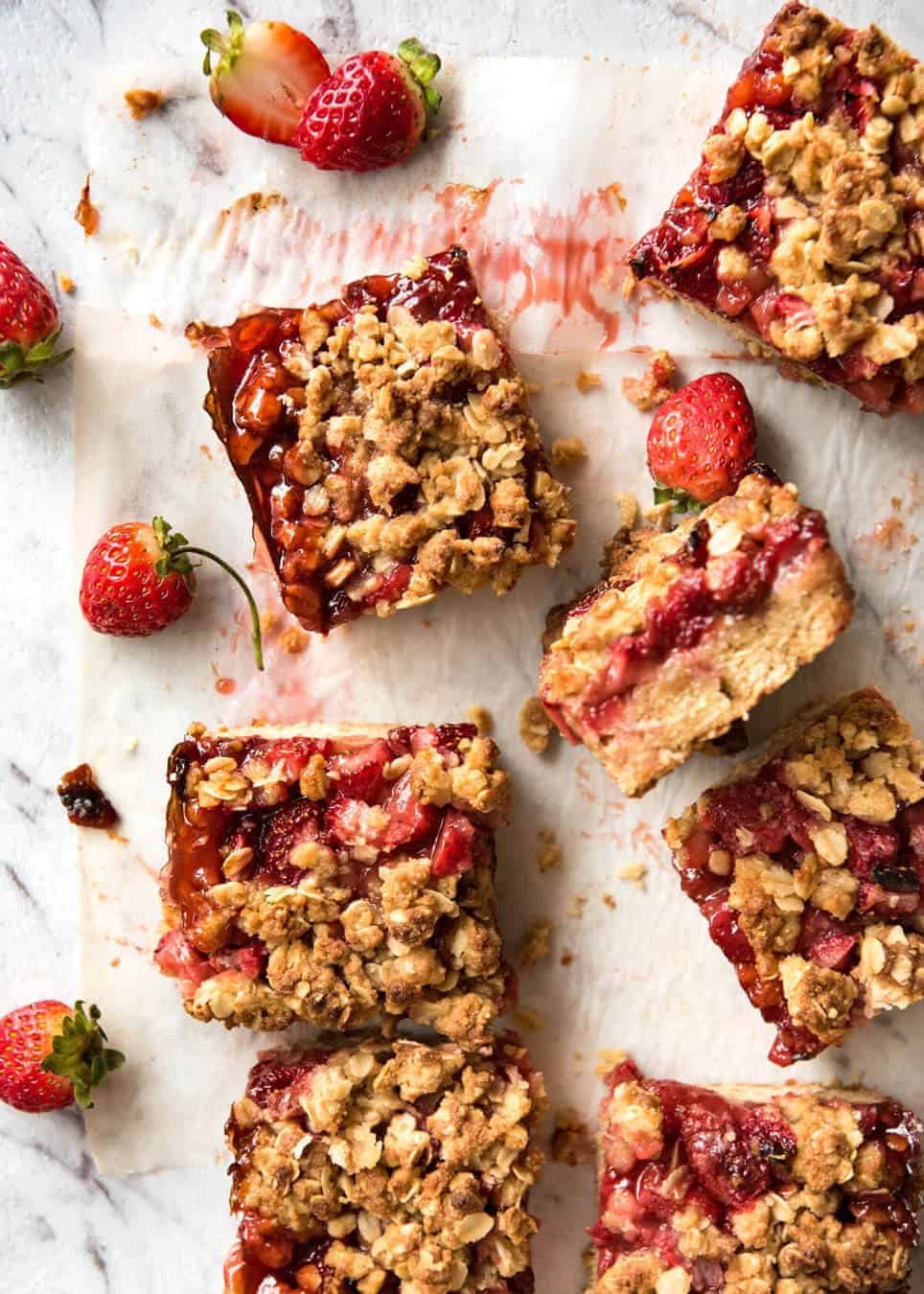 Fresh Strawberry Bars with a buttery biscuit base, topped with jam, fresh strawberries and a crumbly topping. No mixer, quick to make! staging.recipetineats.com