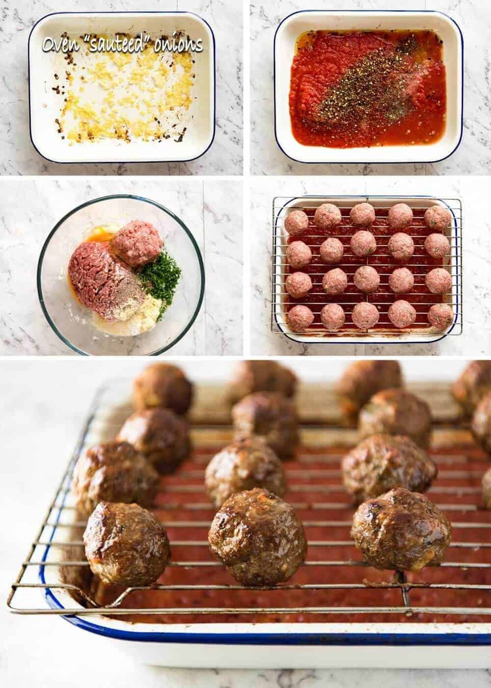 Both the Oven Baked Italian Meatballs AND sauce are made entirely in the oven! The meatballs are extra soft and juicy, and tomato sauce fantastic for pouring over pasta. staging.recipetineats.com
