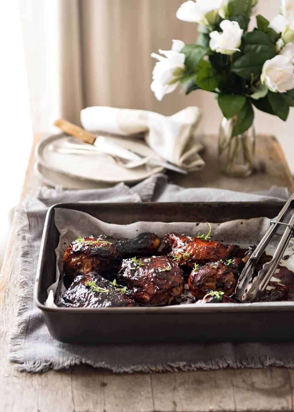 Balsamic vinegar, soy sauce, honey, sugar and garlic is all you need to make this super easy and fast Baked Balsamic Chicken! No marinating required. staging.recipetineats.com