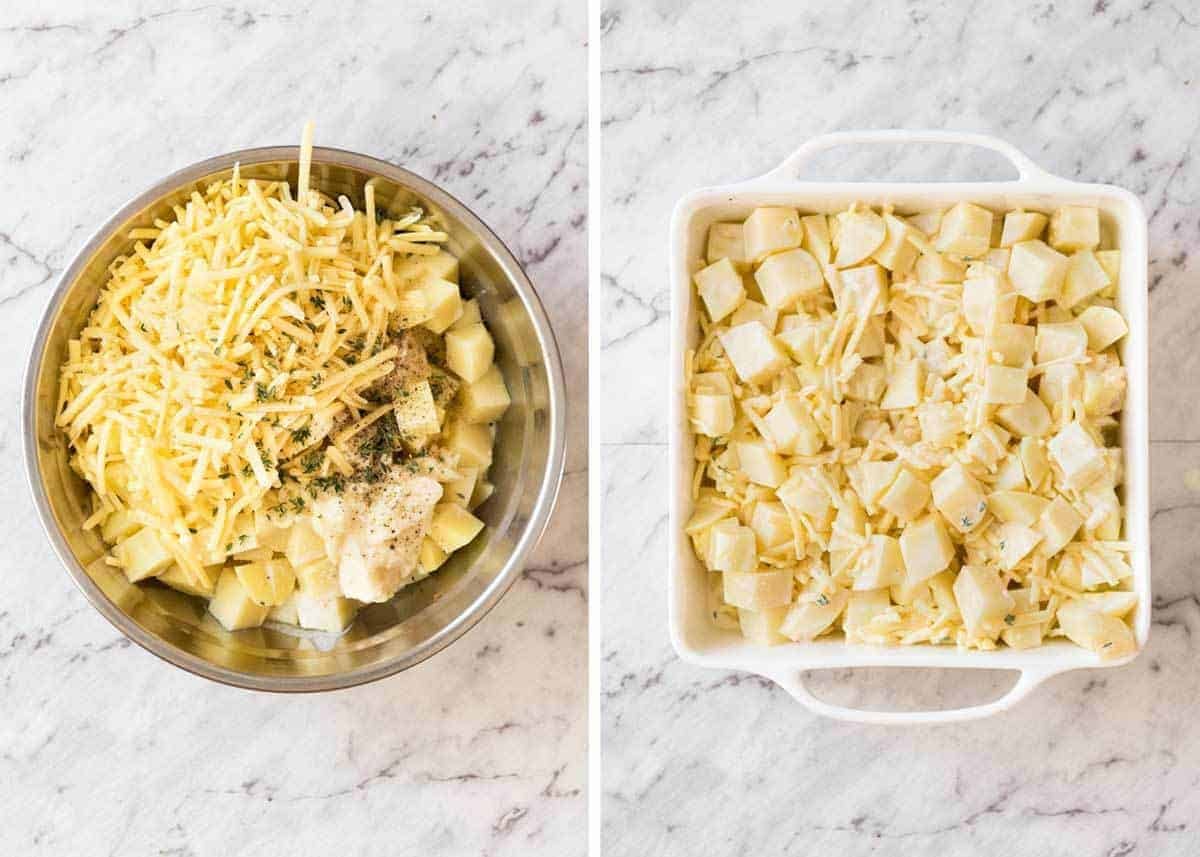 A faster, cheesier, creamier alternative to Scalloped Potatoes / Potato Gratin, this Easy Creamy Cheesy Potato Bake is made with cubed potatoes cooked in a cream and cheese sauce. staging.recipetineats.com