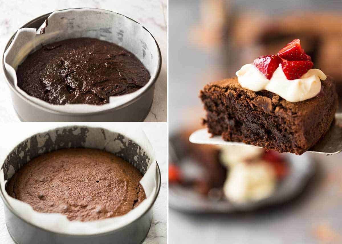 A simple Flourless Chocolate Cake made with almond meal / almond flour. Moist inside, with a thin crackly brownie-like surface. A stunning, very quick cake to make! staging.recipetineats.com