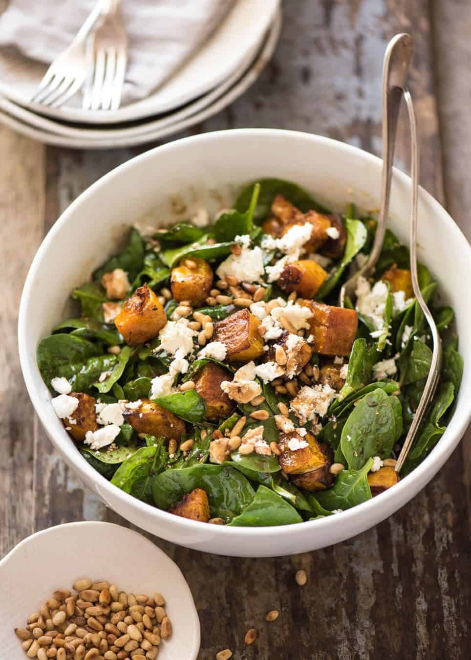 This Roast Pumpkin, Spinach and Feta Salad with a Honey Balsamic Dressing is a magical combination. Terrific side or as a meal. staging.recipetineats.com
