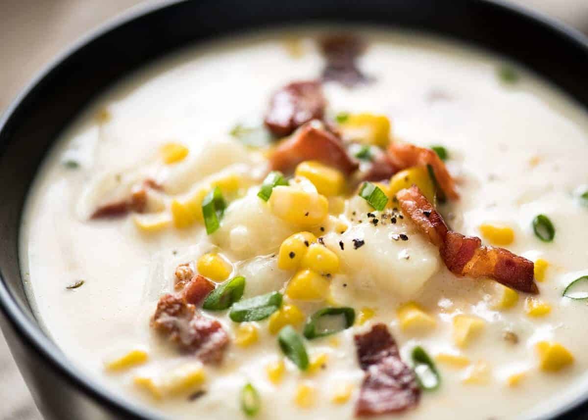 Creamy Corn Chowder with Bacon, with a couple of simple tips for make it extra tasty! staging.recipetineats.com