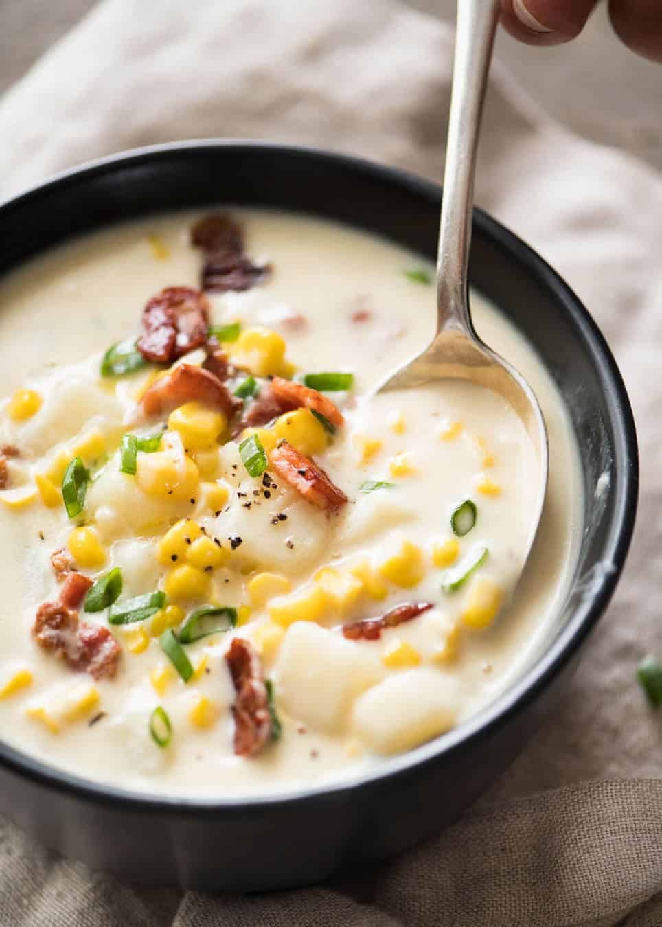 Creamy Corn Chowder with Bacon, with a couple of simple tips for make it extra tasty! staging.recipetineats.com