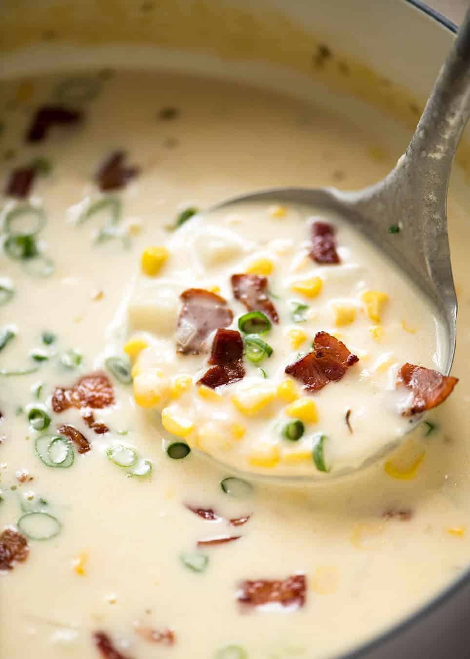 Creamy Corn Chowder with Bacon, with a couple of simple tips for make it extra tasty! staging.recipetineats.com