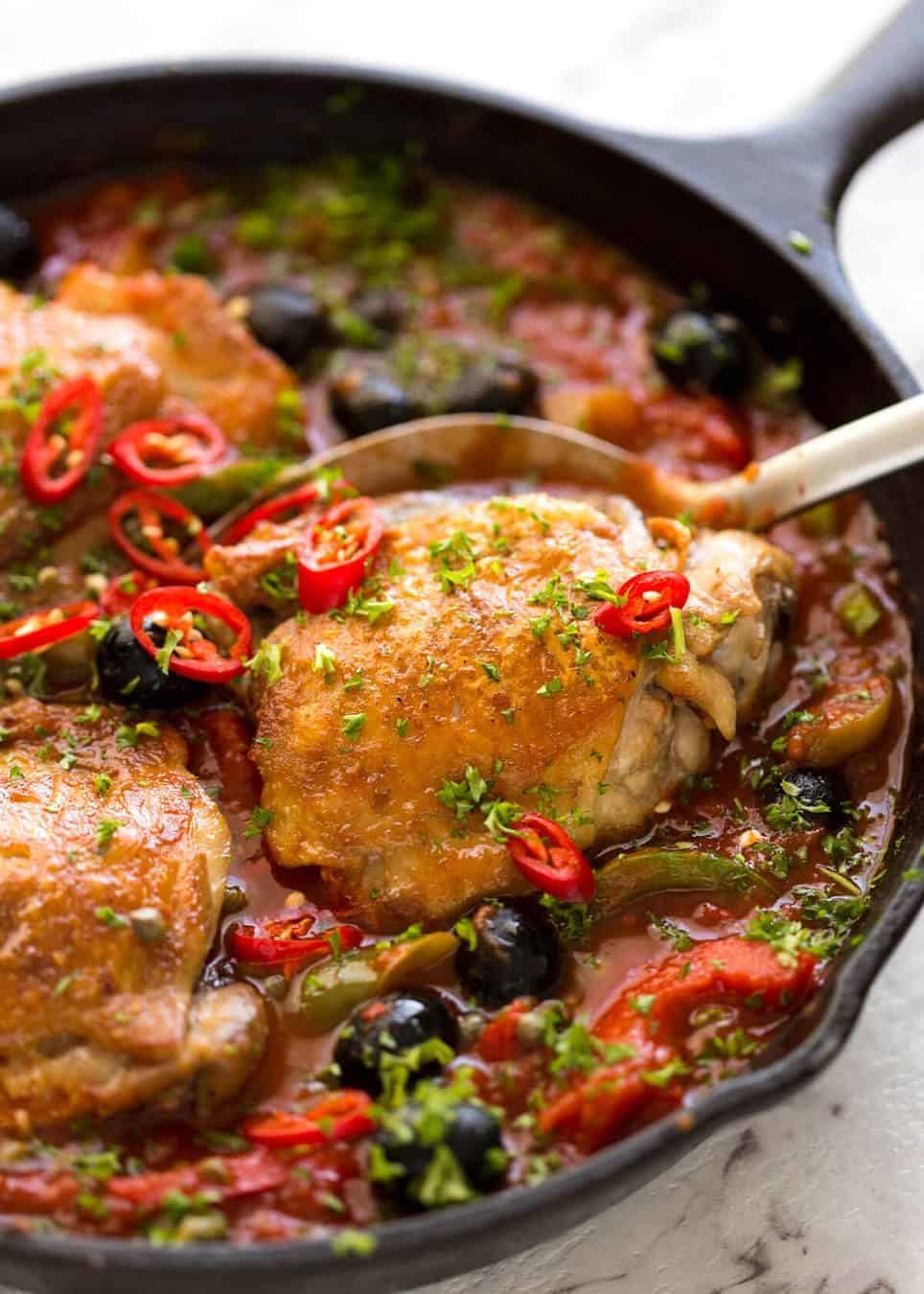 A hearty Italian Chicken Casserole with crispy chicken, capsicum / bell peppers, olives and capers. Sicilian style! staging.recipetineats.com