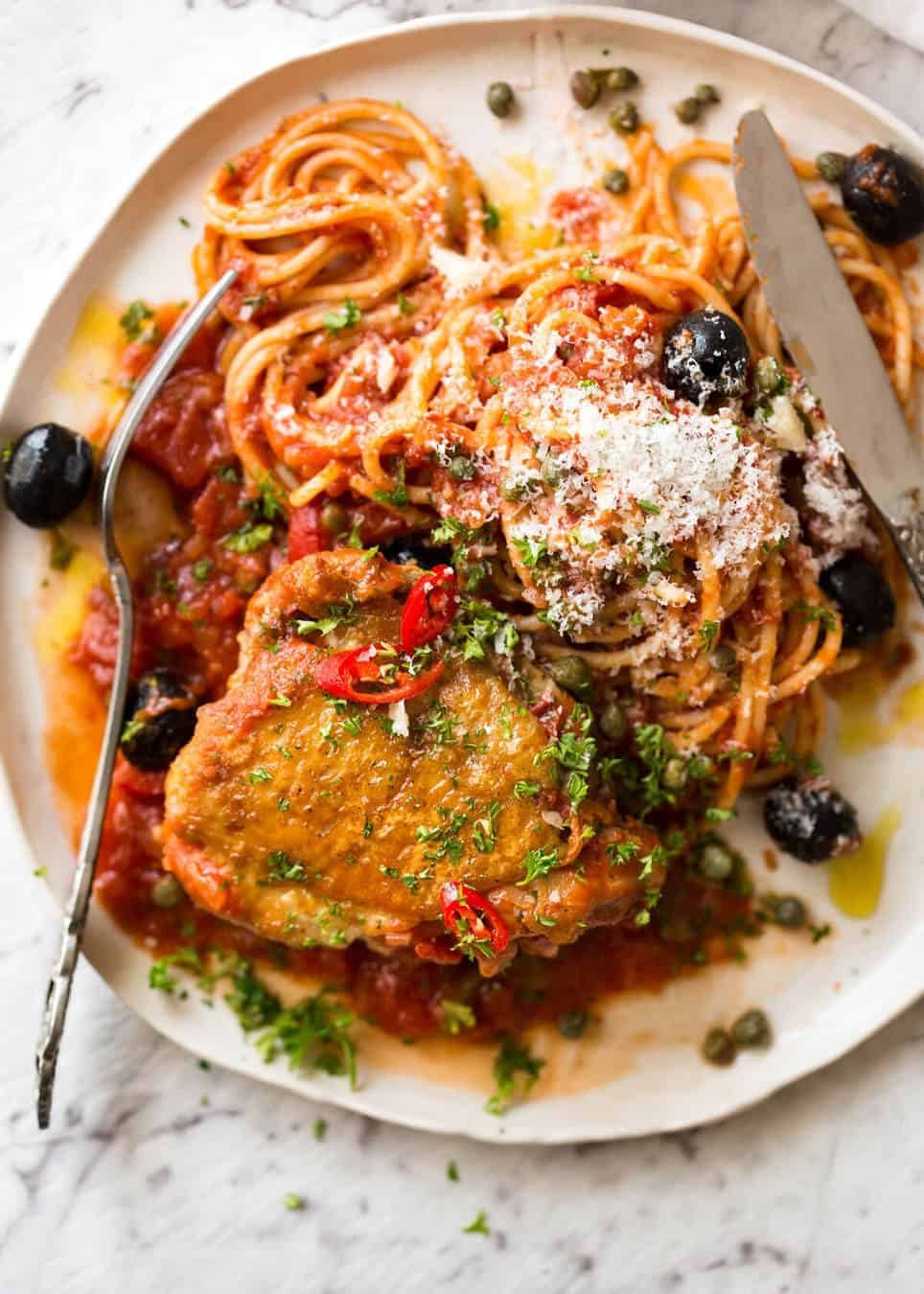 A hearty Italian Chicken Casserole with crispy chicken, capsicum / bell peppers, olives and capers. Sicilian style! staging.recipetineats.com