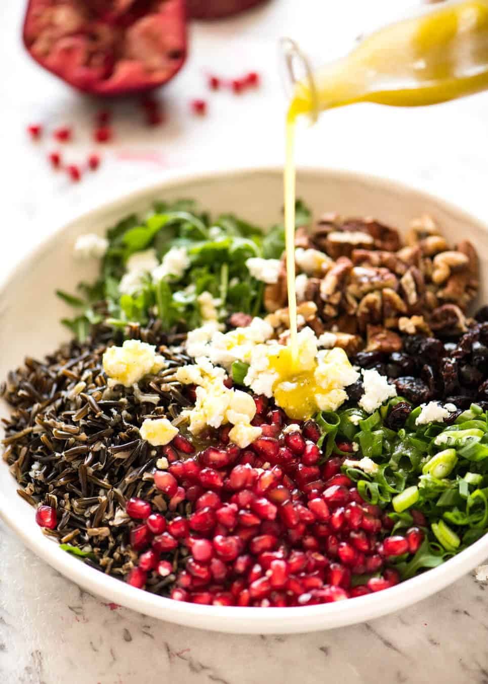 A simple white wine vinaigrette is the perfect Wild Rice Salad dressing. staging.recipetineats.com