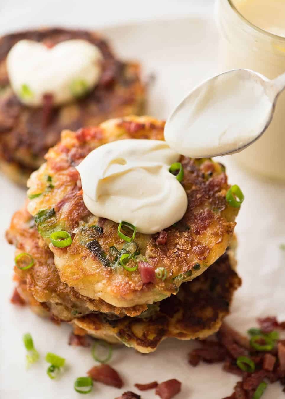 Cheese and Ham Pancakes - golden crispy cheesy outsides, fluffy insides with pops of ham (or bacon). These are epic! staging.recipetineats.com