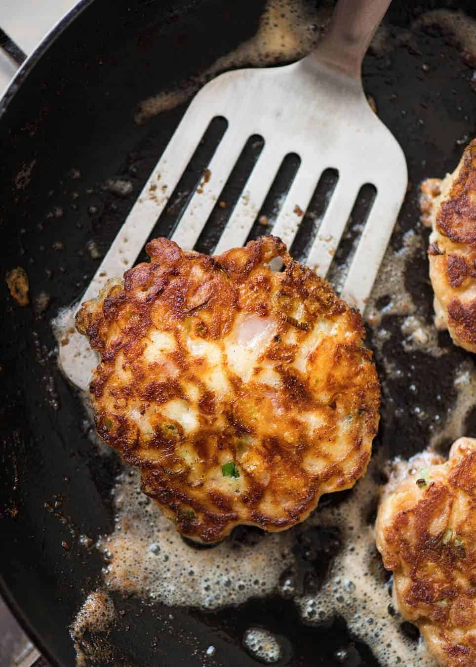 Cheese and Ham Pancakes - golden crispy cheesy outsides, fluffy insides with pops of ham (or bacon). These are epic! staging.recipetineats.com